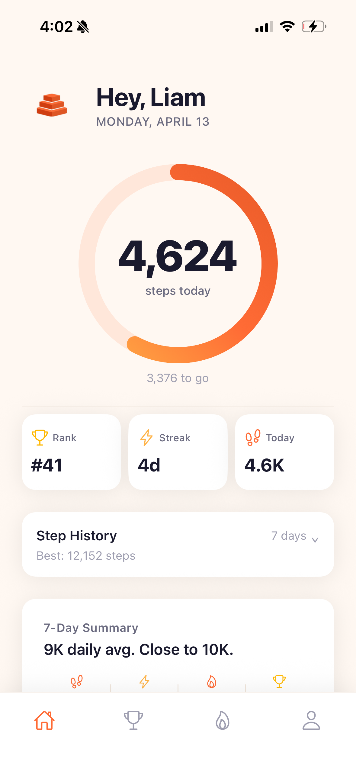 App Home Screen — Daily Steps, Active Challenge, Streak