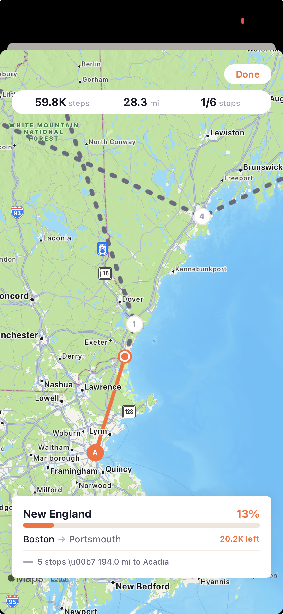 Virtual journey map showing progress along a New England walking route from Boston to Portsmouth, 13 percent complete with five stops remaining to Acadia