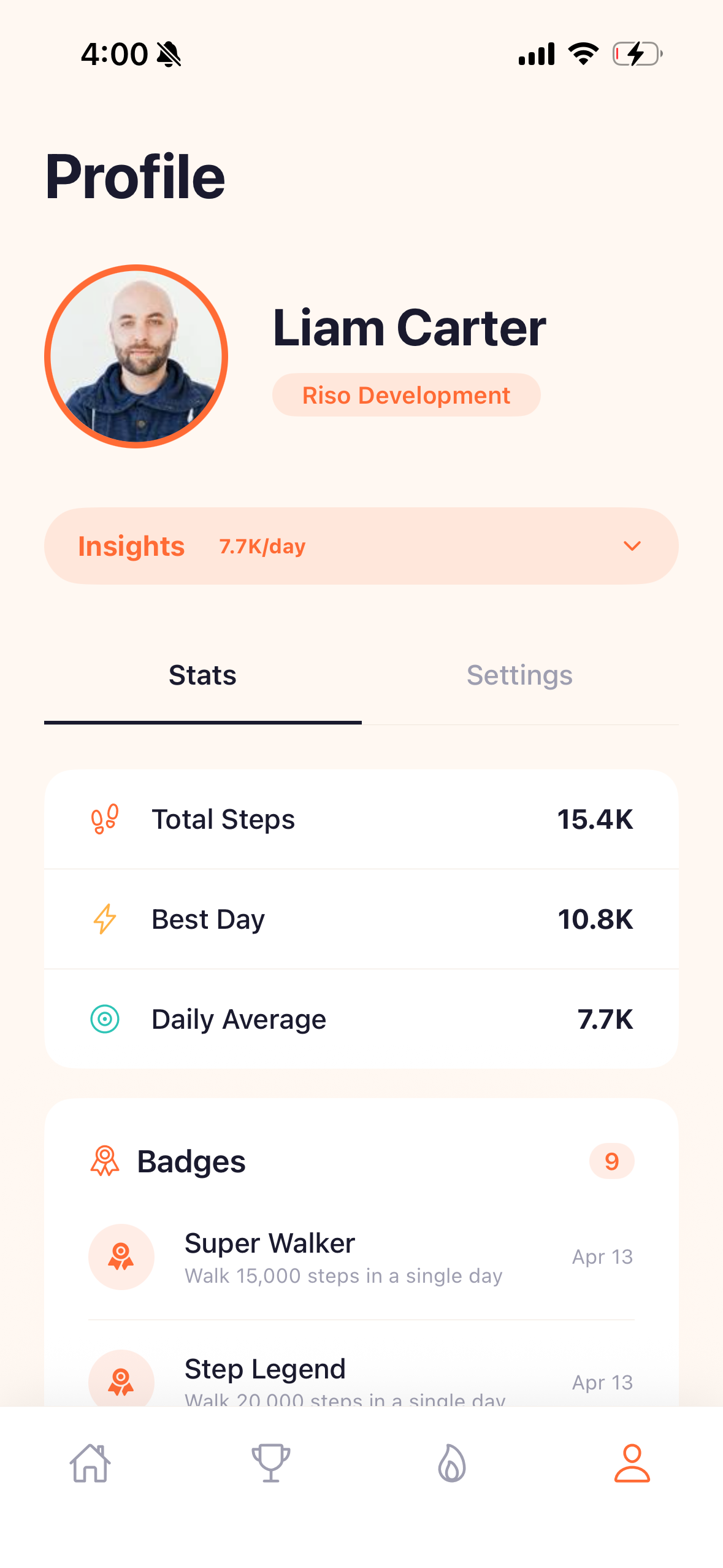 User profile with insights, badges, and streak info