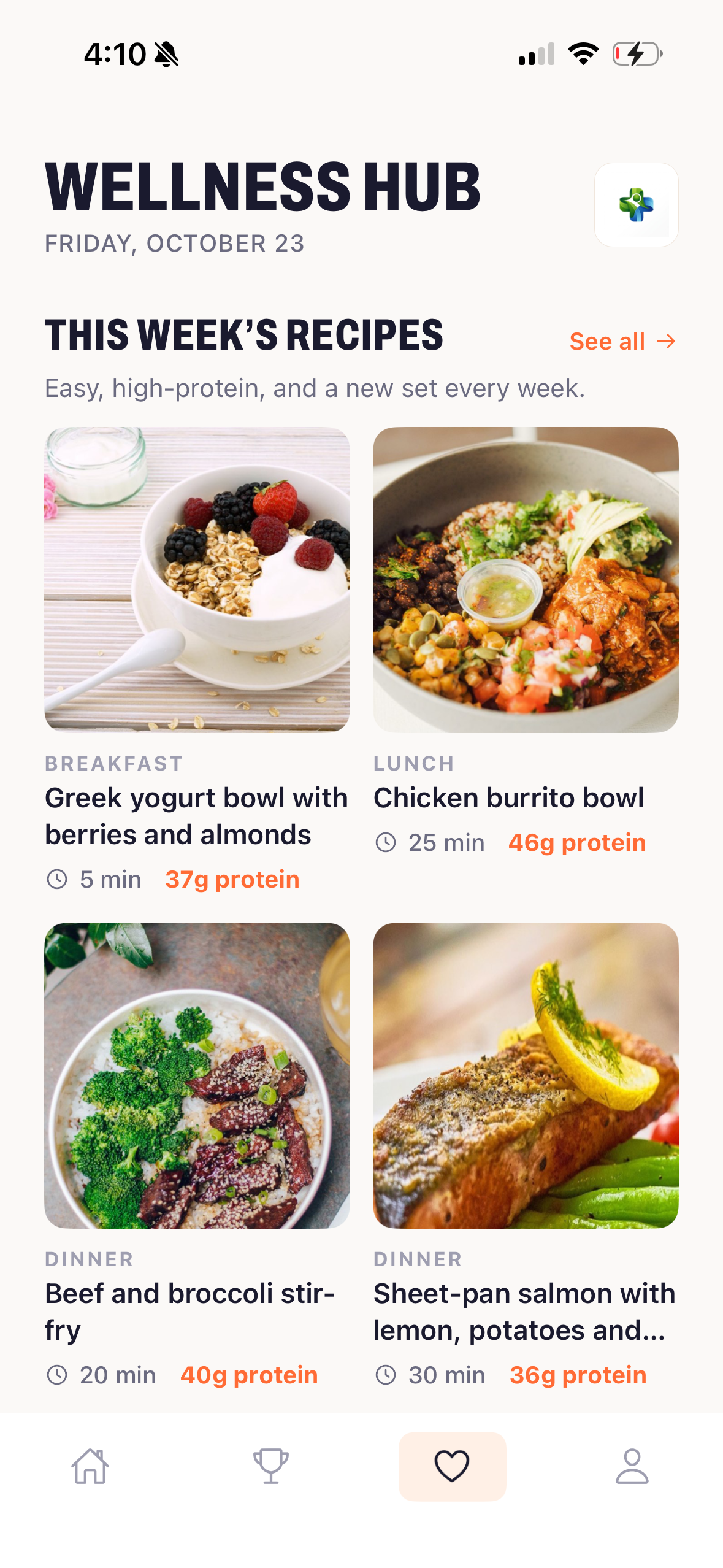This week's recipes: a Greek yogurt bowl, a chicken burrito bowl, beef and broccoli stir-fry and sheet-pan salmon, each with cook time and grams of protein