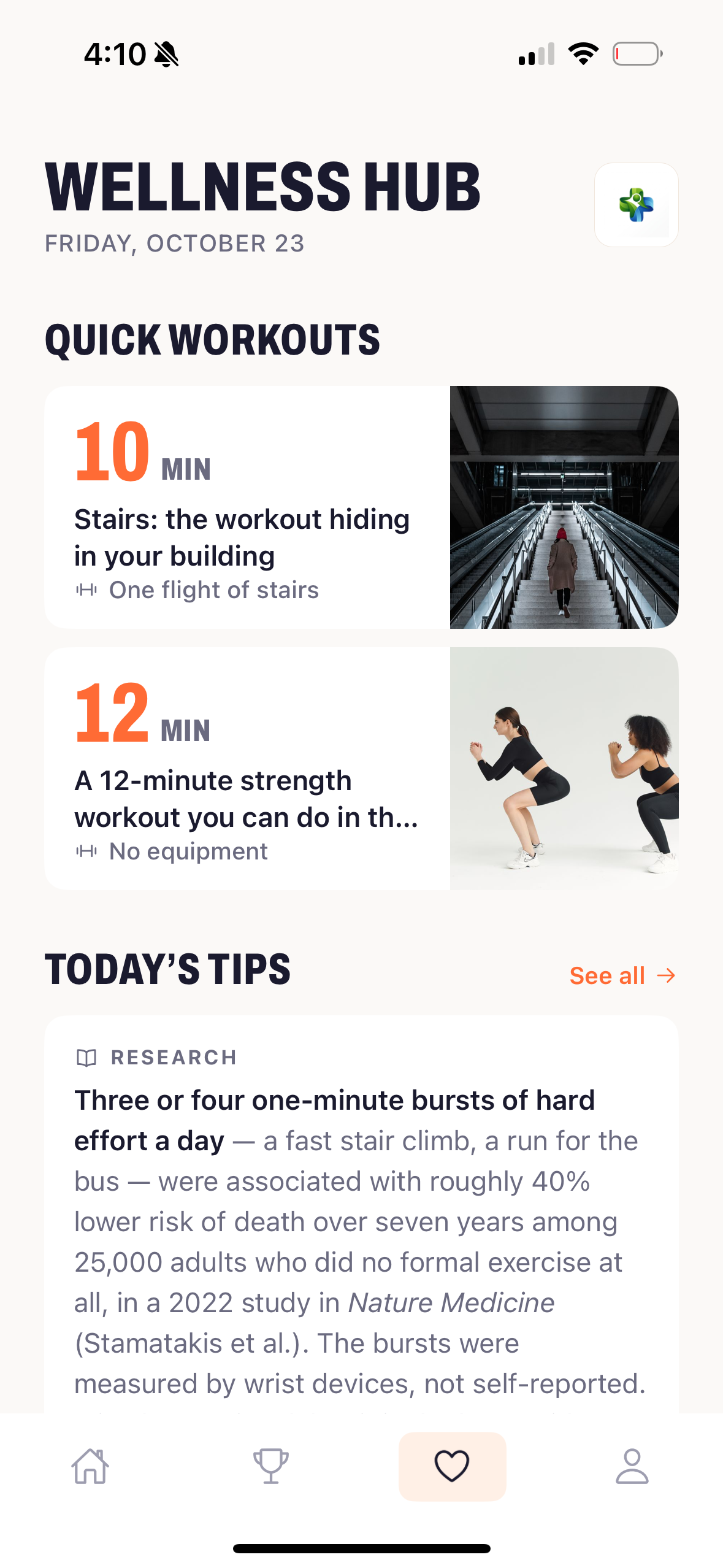 Quick workouts: a ten-minute stair workout and a twelve-minute no-equipment strength session, above today's tips